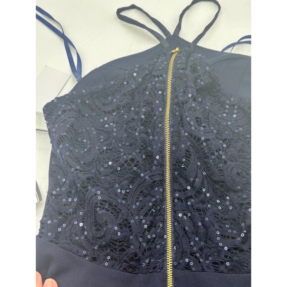 Sequin Hearts Juniors' Sequined Lace-Back Scuba Dress, Navy, Sz 1 - Picture 9 of 12